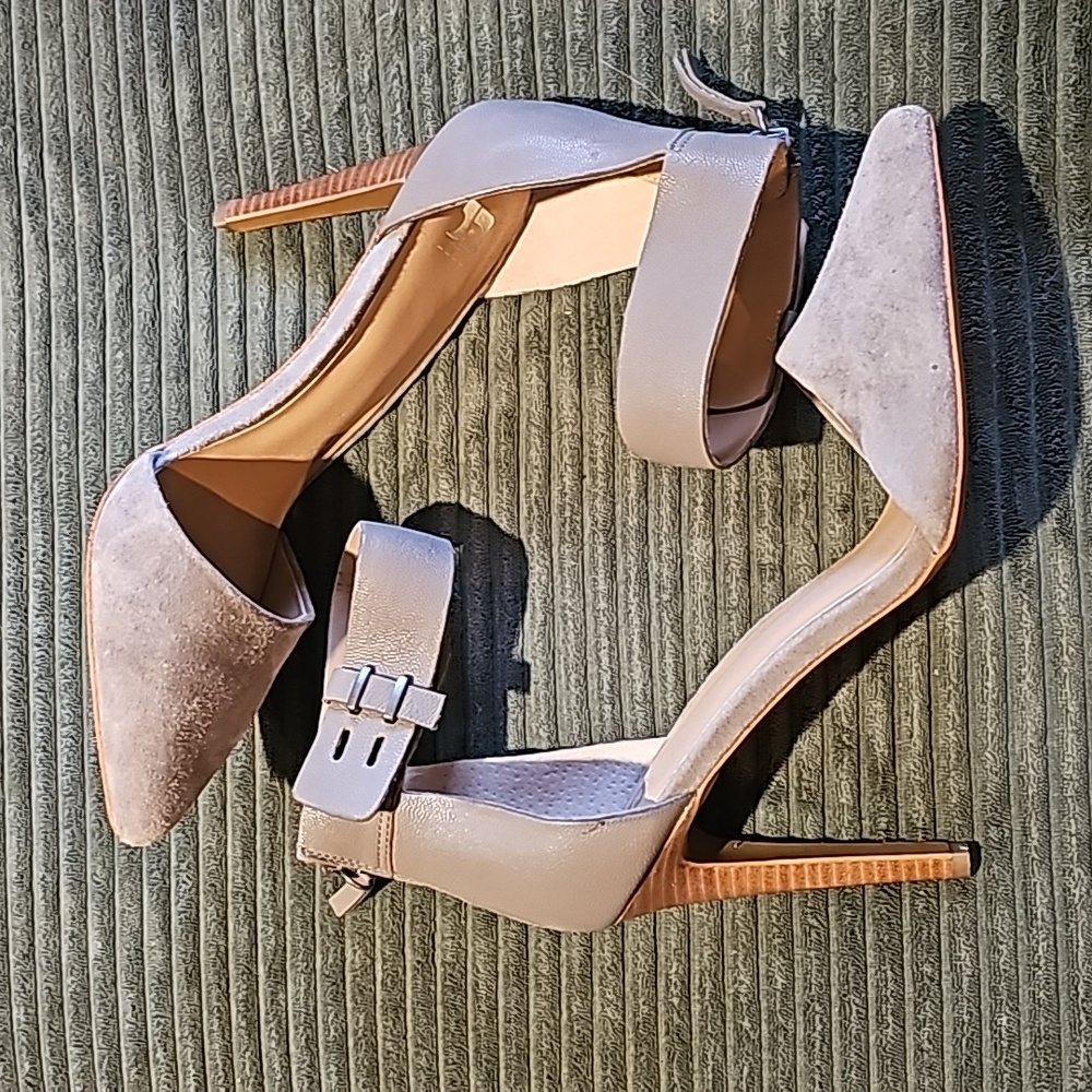 Joe's suede taupe 4 inch high heel with ankle strap with zipper back size 9